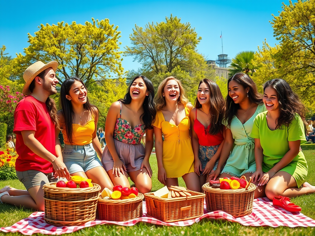 Een groep vrienden geniet van een picknick in het park, omringd door fruit en stralende zon. Gelach en vrolijkheid!