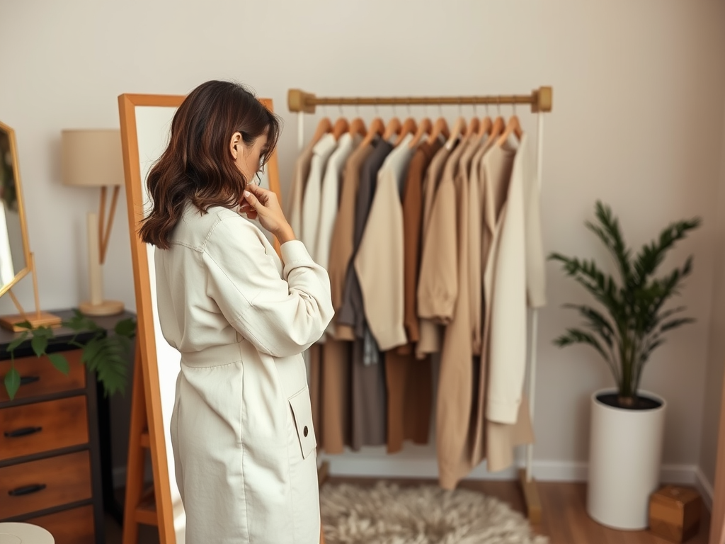 Een vrouw kijkt naar haar kleding in een sfeervolle kamer met een spiegel en een kledingrek.