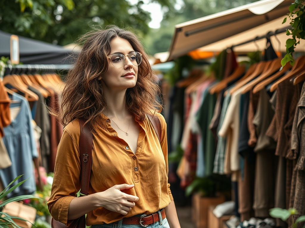 Een vrouw met bruin haar en bril in een kledingmarkt, draagt een oranje blouse en geniet van de omgeving.