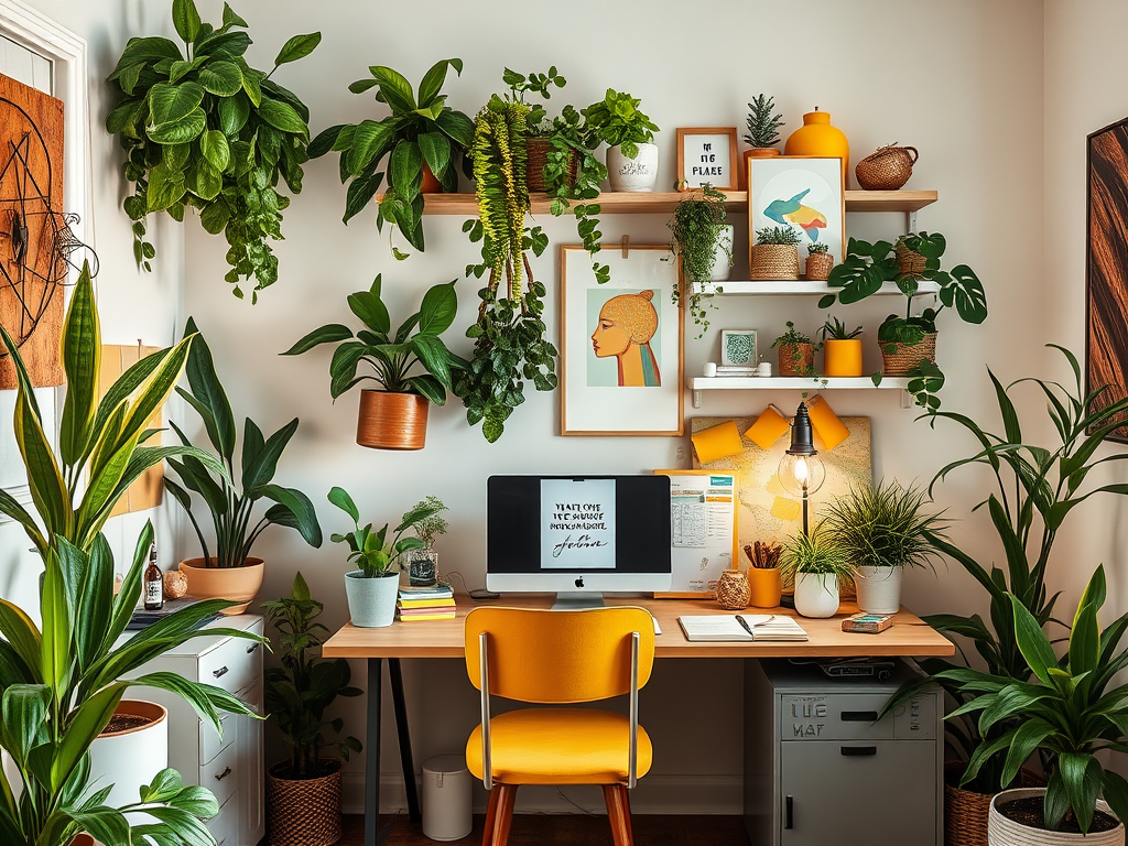 Modern kantoor met veel planten, een bureau, een computer en kunst aan de muur, sfeervol en inspirerend.