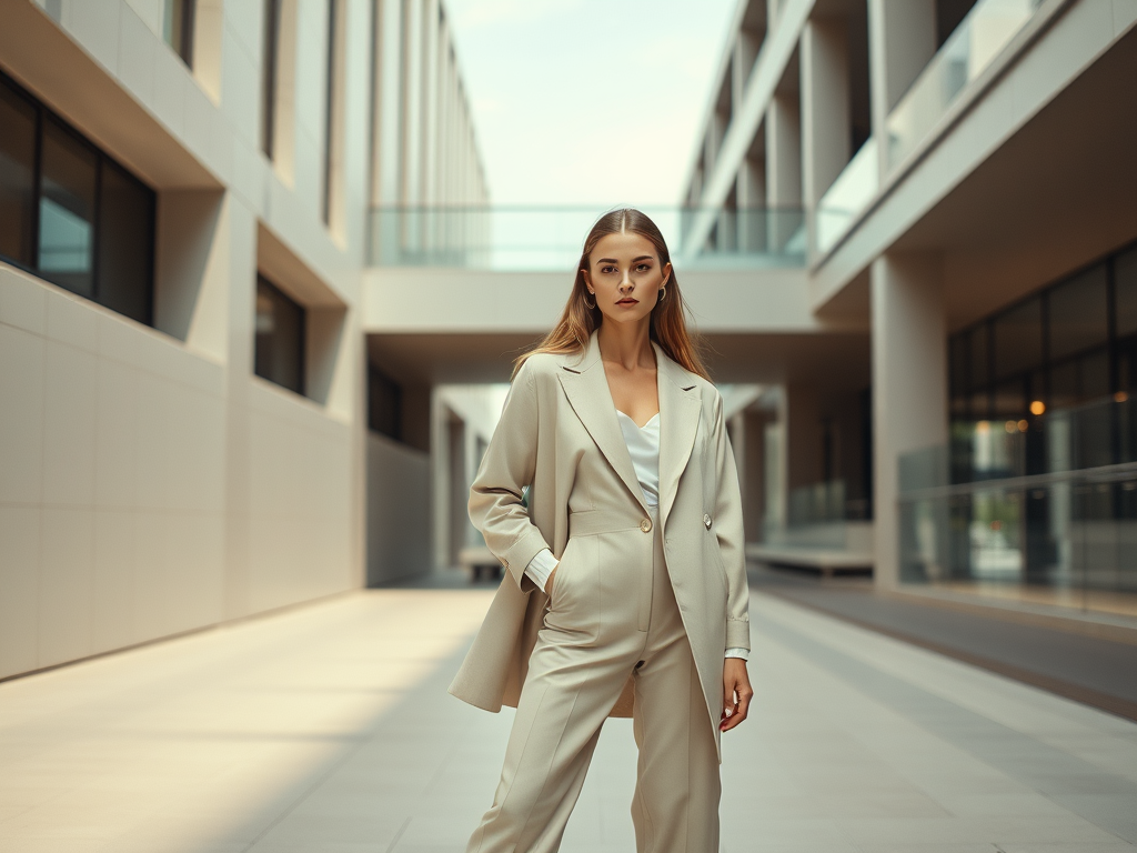 Een vrouw in een beige pak poseert in een moderne architecturale omgeving met veel natuurlijk licht.