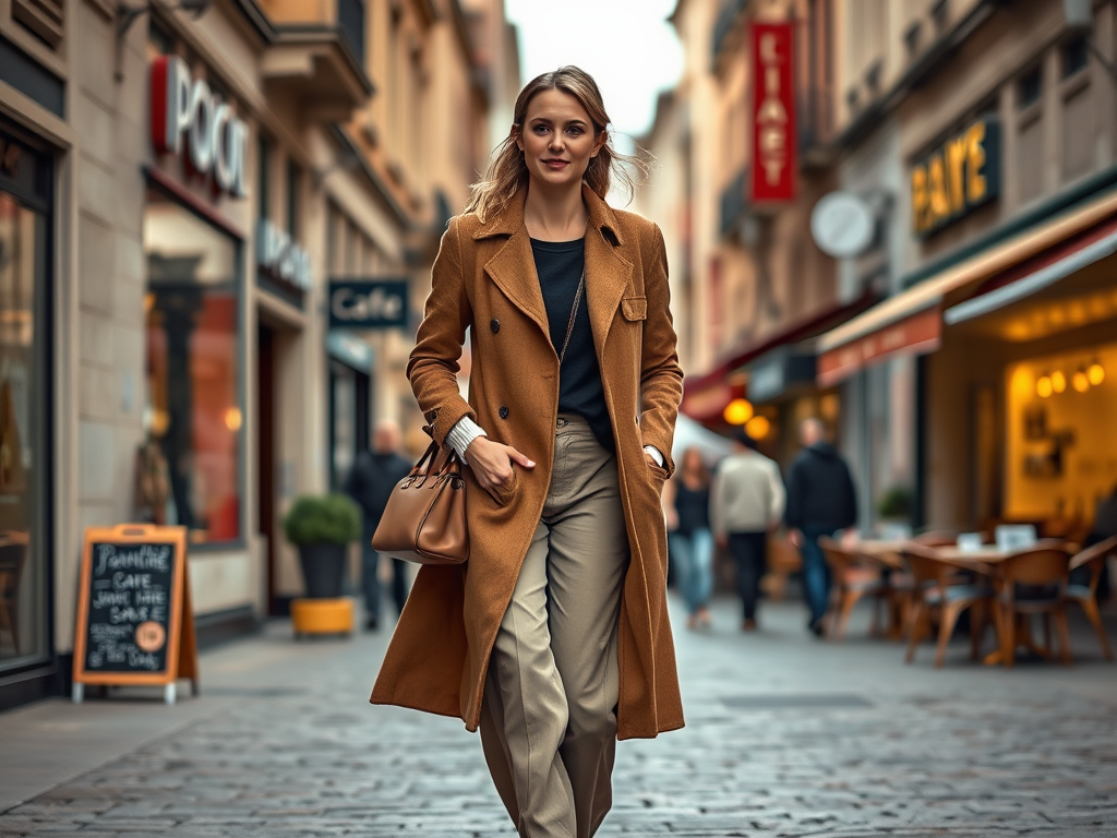 Een vrouw in een stijlvolle jas wandelt door een drukke straat met cafés en winkels.
