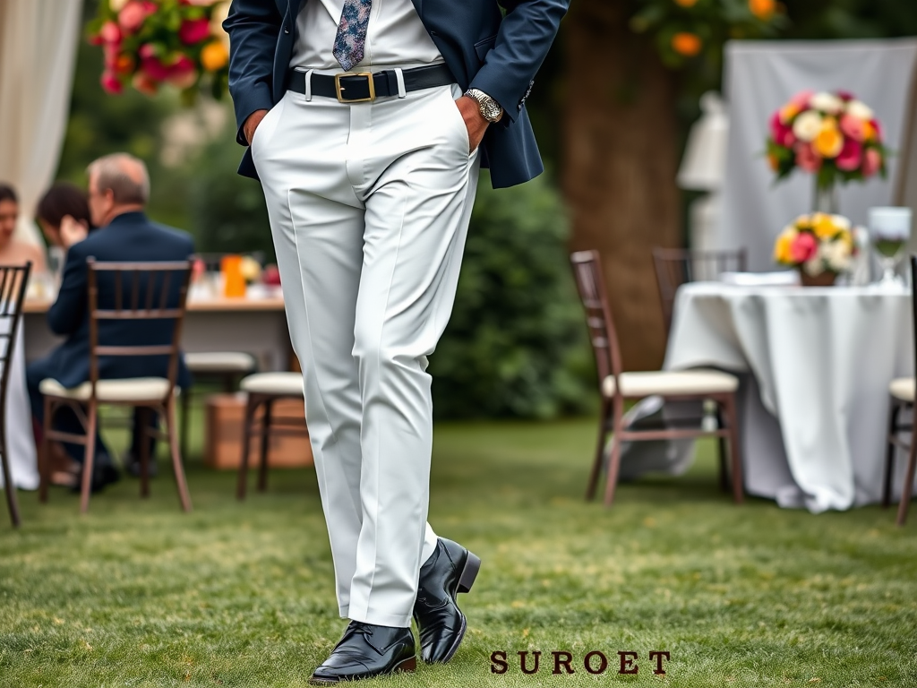 Een man in een elegant kostuum met een kleurrijke stropdas, staand in een tuin met feestelijke tafels.
