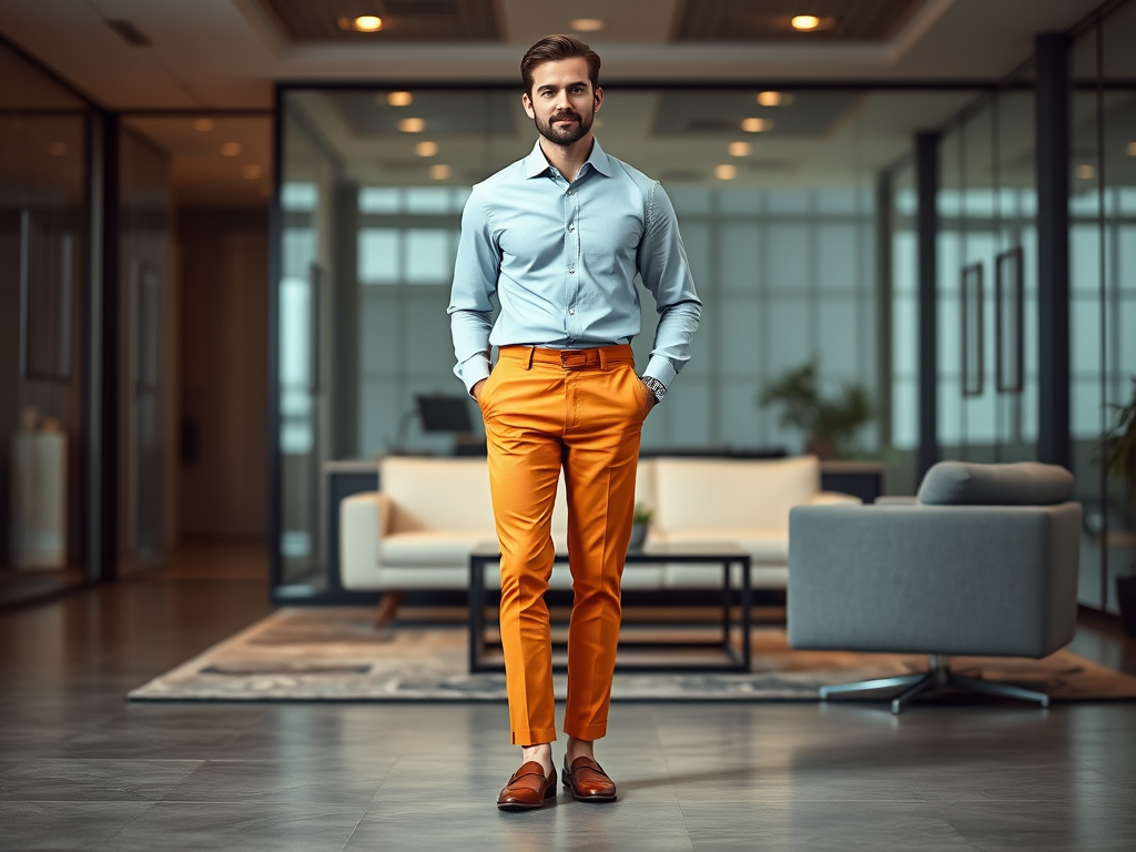 Een man in een broek met een oranje kleur en een lichtblauw overhemd staat in een moderne kantooromgeving.