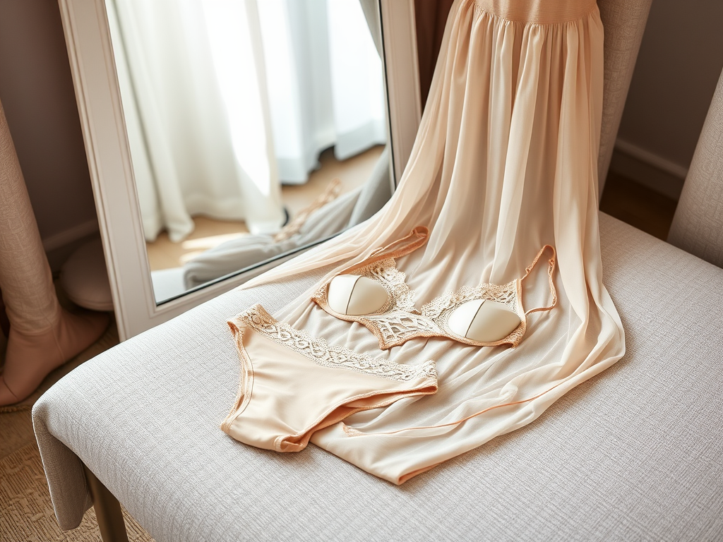 Een corset en slip in perzikkleur liggen op een lichte stof, met een spiegel op de achtergrond.
