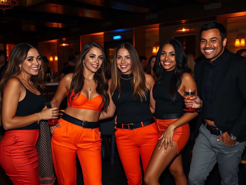 Een groep van vijf vrienden poseert vrolijk in een bar, gekleed in zwart en oranje, met drankjes in de hand.