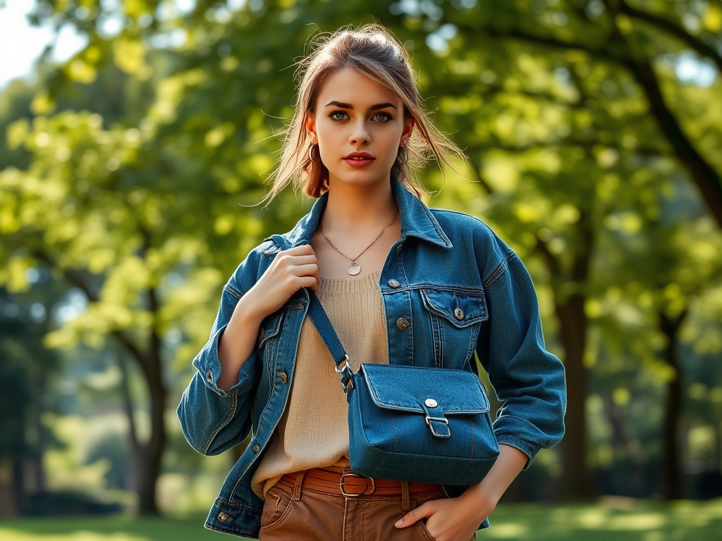 Een jonge vrouw in een spijkerjas en beige trui poseert met een tas in een groen park.