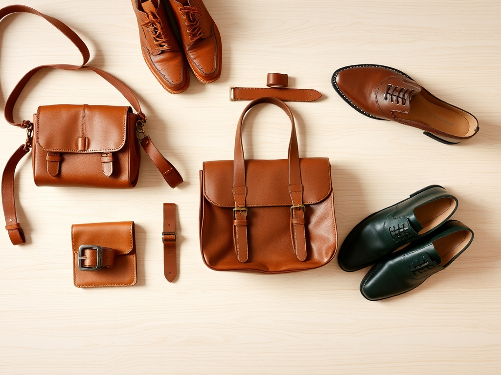Een overzicht van leren tassen, schoenen en accessoires in bruin en groen op een lichte houten ondergrond.