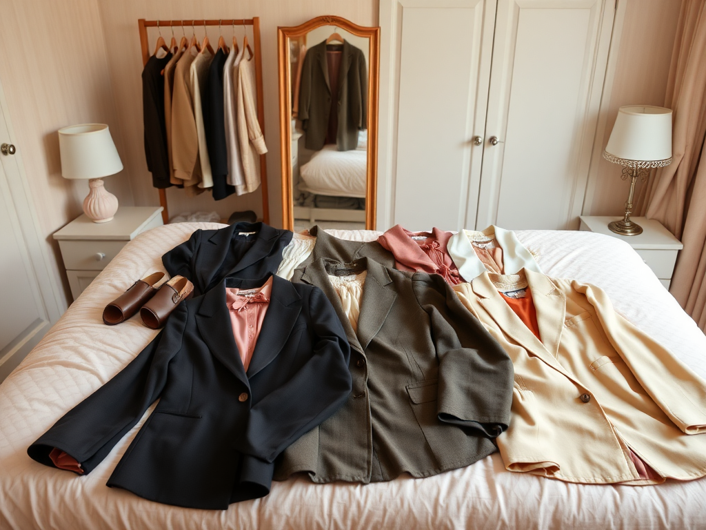 Drie blazers in verschillende kleuren liggen op een bed, met schoenen en kleding in de achtergrond.