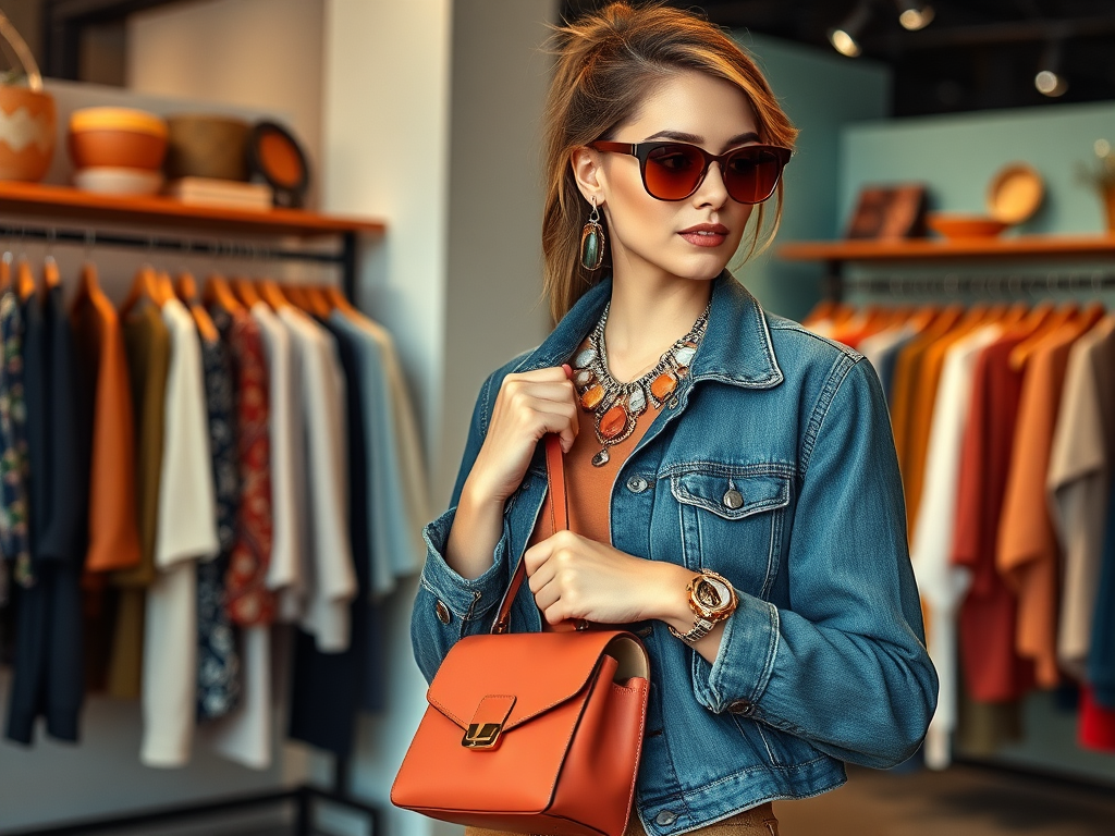 Een vrouw in een denimjack poseert in een boetiek met stijlvolle kledingachtergrond, accessoires en een tas.